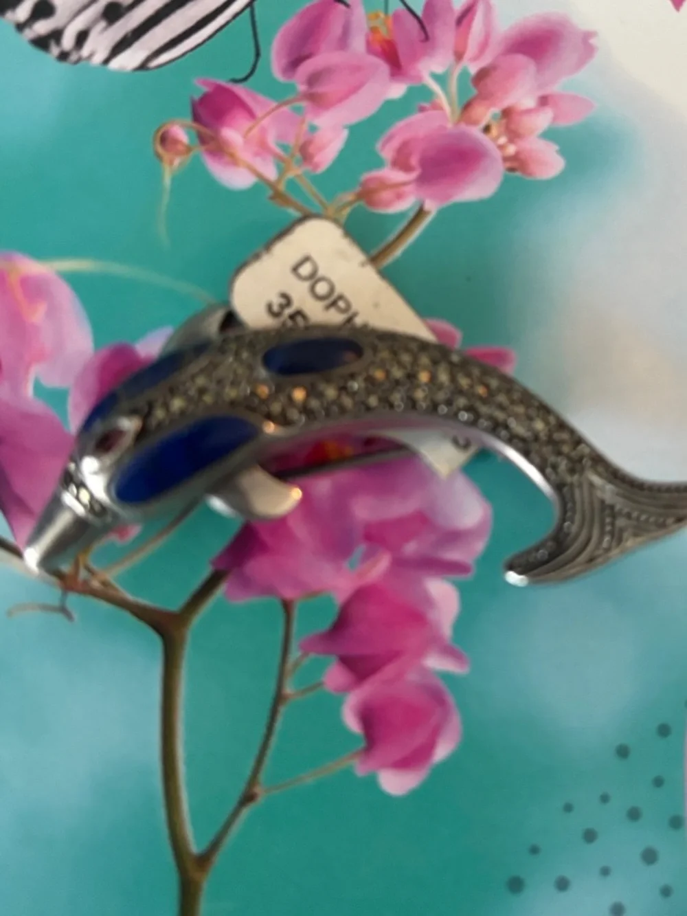 Sterling Silver Dolphin Brooch with Blue Lapis Garnet and Marcasites Accents